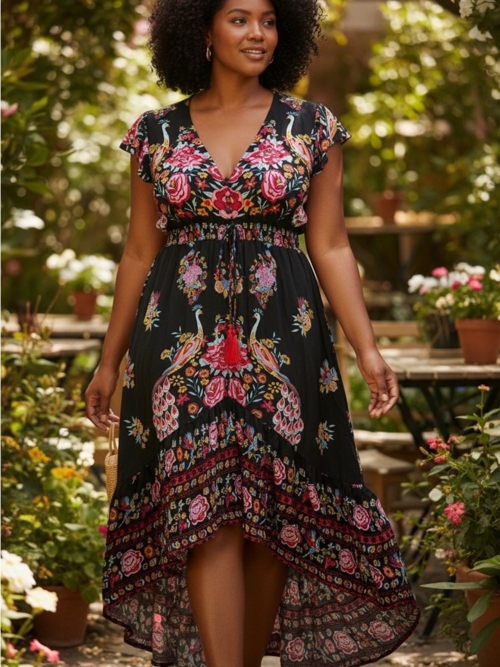 nwt R.VIVIMOS Bohemian Floral Peacock Black Midi Dress size xxl